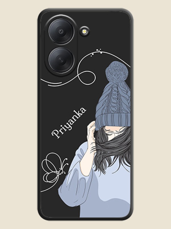 Girl With Blue Winter Outfiit Custom Text Design On Space Black Custom Soft Matte Mobile Back Cover - Xiaomi Redmi A7