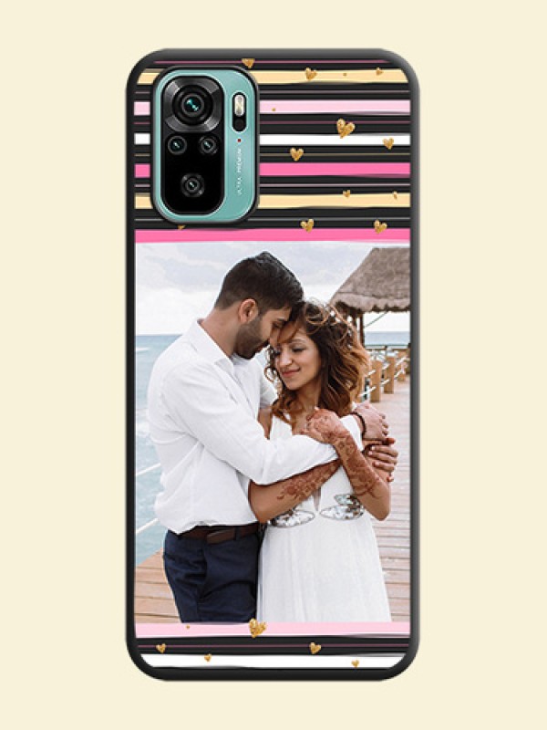 Multicolor Lines and Golden Love Symbols Design on Photo on Space Black Soft Matte Mobile Cover - Redmi Note 10