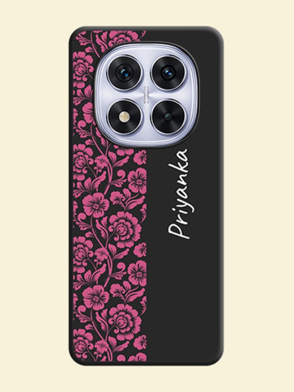 Pink Floral Pattern Design With Custom Text On Space Black Custom Soft Matte Mobile Back Cover - Redmi Note 14 Pro 5G