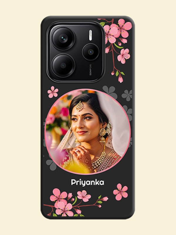 Round Image with Pink Color Floral Design on Photo On Space Black Custom Soft Matte Mobile Back Cover - Redmi Note 14 SE 5G