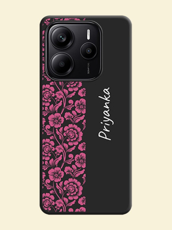 Pink Floral Pattern Design With Custom Text On Space Black Custom Soft Matte Mobile Back Cover - Redmi Note 14 SE 5G