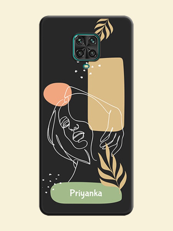 Custom Text With Line Art Of Women & Leaves Design On Space Black Personalized Soft Matte Phone Covers -Xiaomi Redmi Note 9 Pro Max