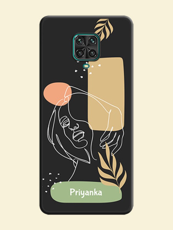 Custom Text With Line Art Of Women & Leaves Design On Space Black Personalized Soft Matte Phone Covers -Xiaomi Redmi Note 9 Pro