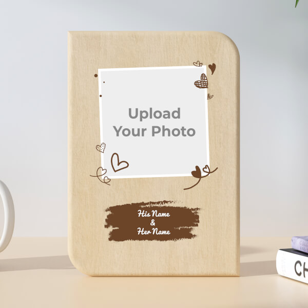 Couple Floating Hearts and Paint Brush Style Design Portrait Wooden Photo Stand
