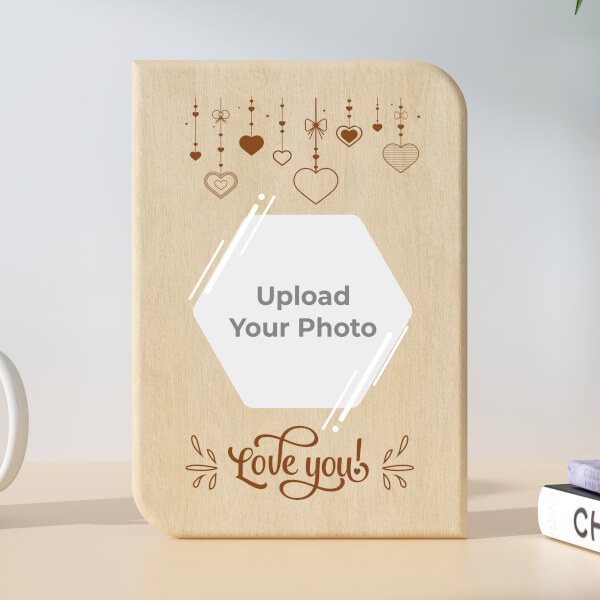 Couple Hanging Hearts Hexagon Style Design Portrait Wooden Photo Stand