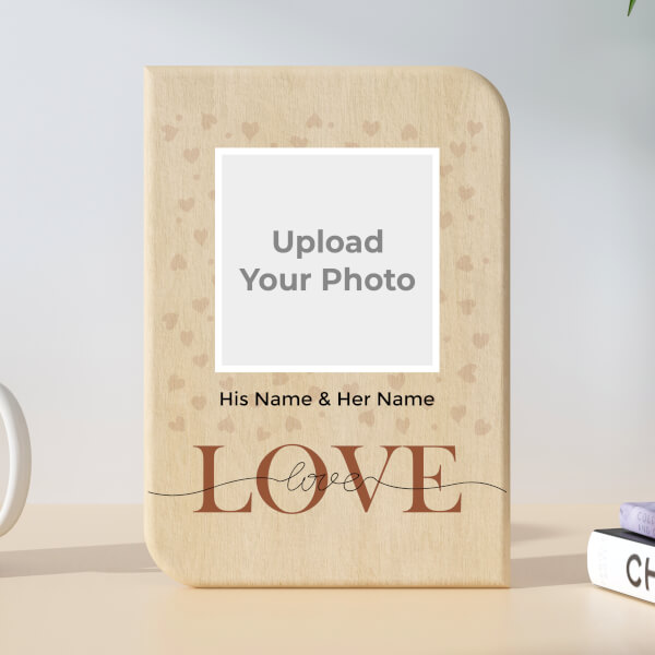 Couple Heart Pattern Square Style Design Portrait Wooden Photo Stand
